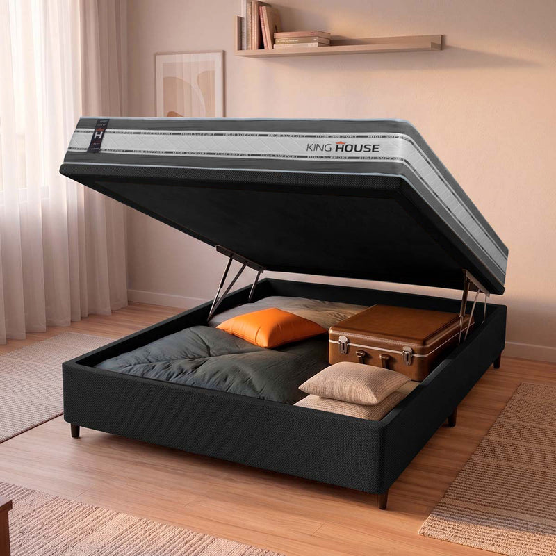 Cama Box Baú Alpine 138x188 Cinza e Preto c/ Molas Ensacadas Espuma D28 Suporta 120 kg