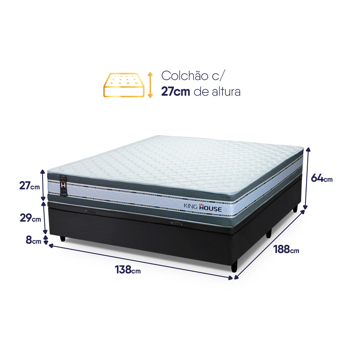 Cama Box Baú Alpine 138x188 Cinza e Preto c/ Molas Ensacadas Espuma D28 Suporta 120 kg