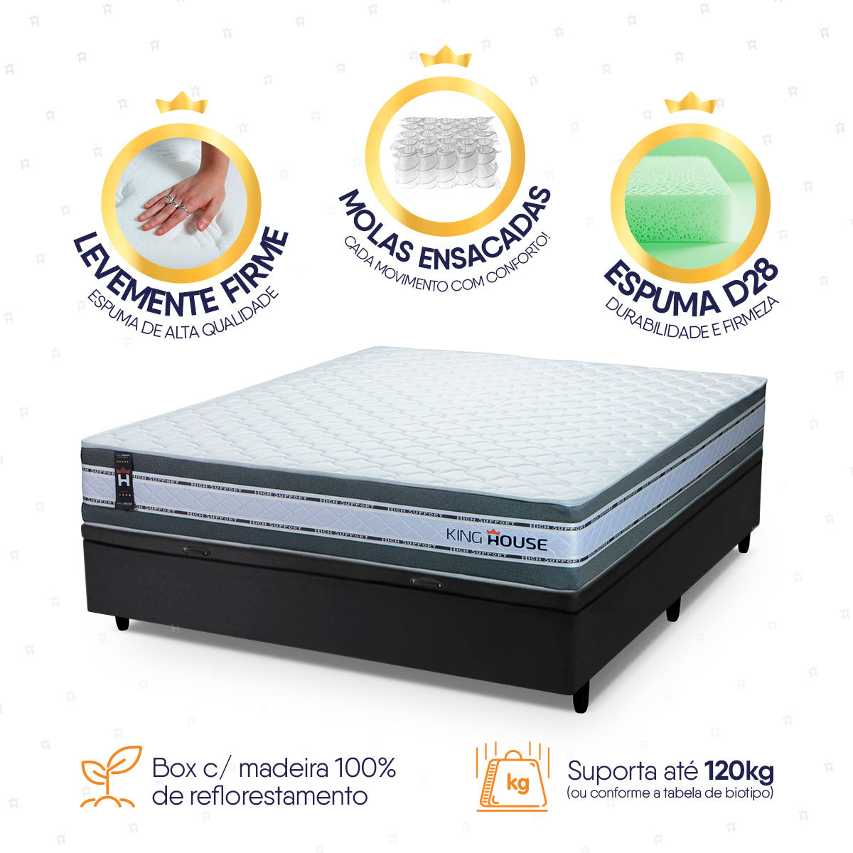 Cama Box Baú Alpine 138x188 Cinza e Preto c/ Molas Ensacadas Espuma D28 Suporta 120 kg