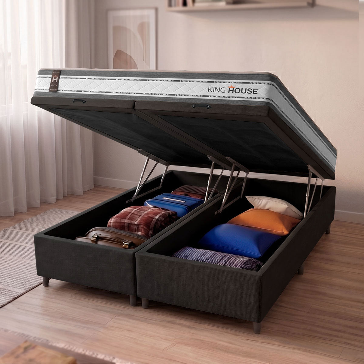 Cama Box Baú Alpine c/ Molas Ensacadas 158x198 Cinza e Preto Espuma D28 Suporta 120 kg