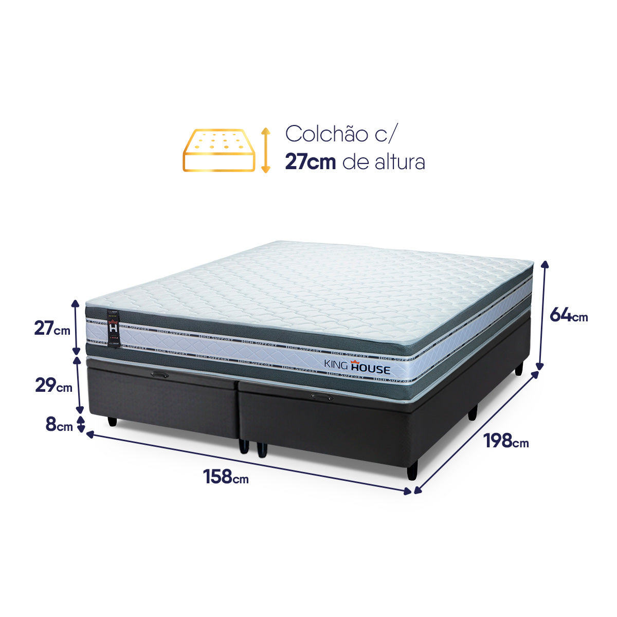 Cama Box Baú Alpine c/ Molas Ensacadas 158x198 Cinza e Preto Espuma D28 Suporta 120 kg