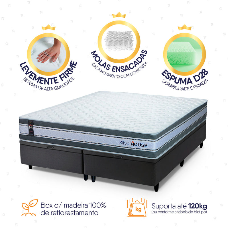 Cama Box Baú Alpine c/ Molas Ensacadas 193x203 Cinza e Preto Espuma D28 Suporta 120 kg