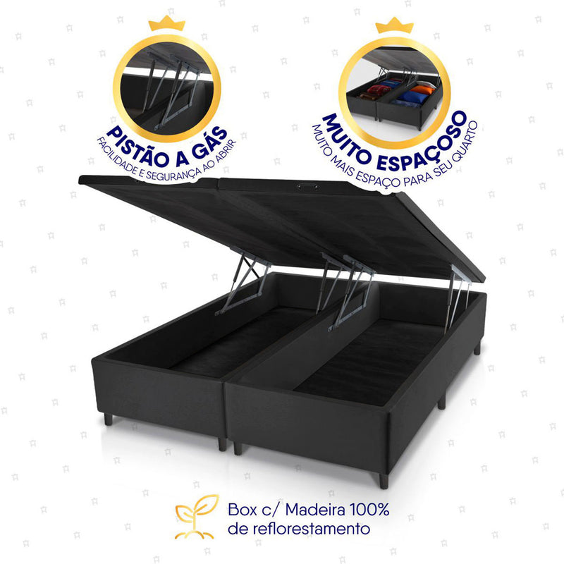 Cama Box Baú Alpine c/ Molas Ensacadas 193x203 Cinza e Preto Espuma D28 Suporta 120 kg