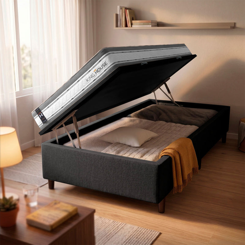 Cama Box Baú Alpine 96x203 Cinza e Preto c/ Molas Ensacadas Espuma D28 Suporta 120 kg