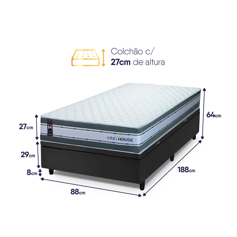 Cama Box Baú Alpine 96x203 Cinza e Preto c/ Molas Ensacadas Espuma D28 Suporta 120 kg