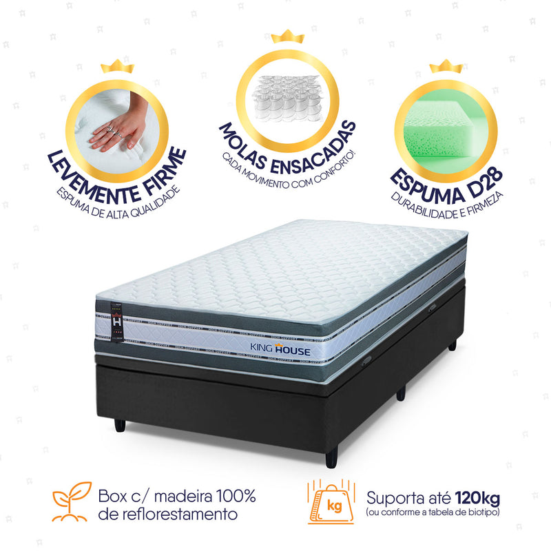 Cama Box Baú Alpine 96x203 Cinza e Preto c/ Molas Ensacadas Espuma D28 Suporta 120 kg