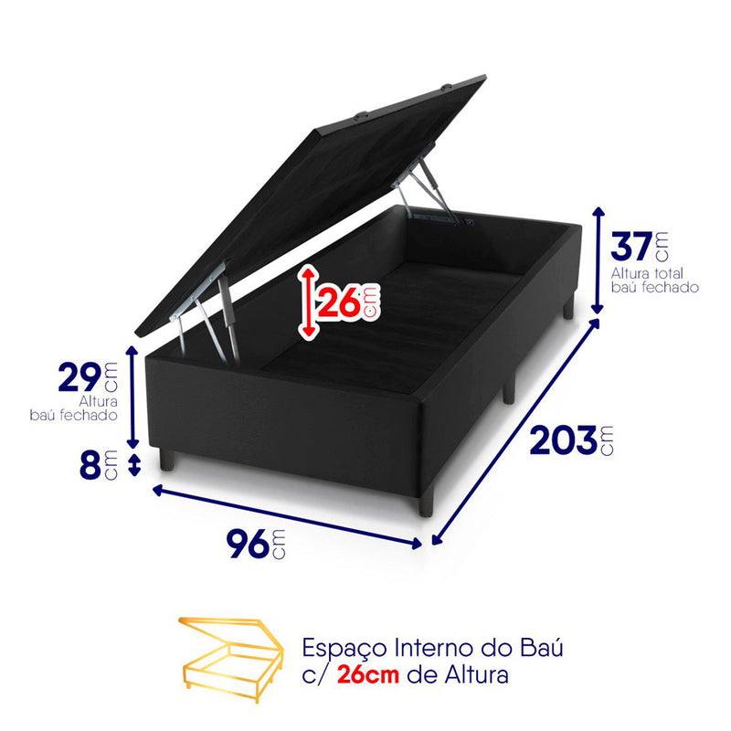 Cama Box Baú Alpine 96x203 Cinza e Preto c/ Molas Ensacadas Espuma D28 Suporta 120 kg