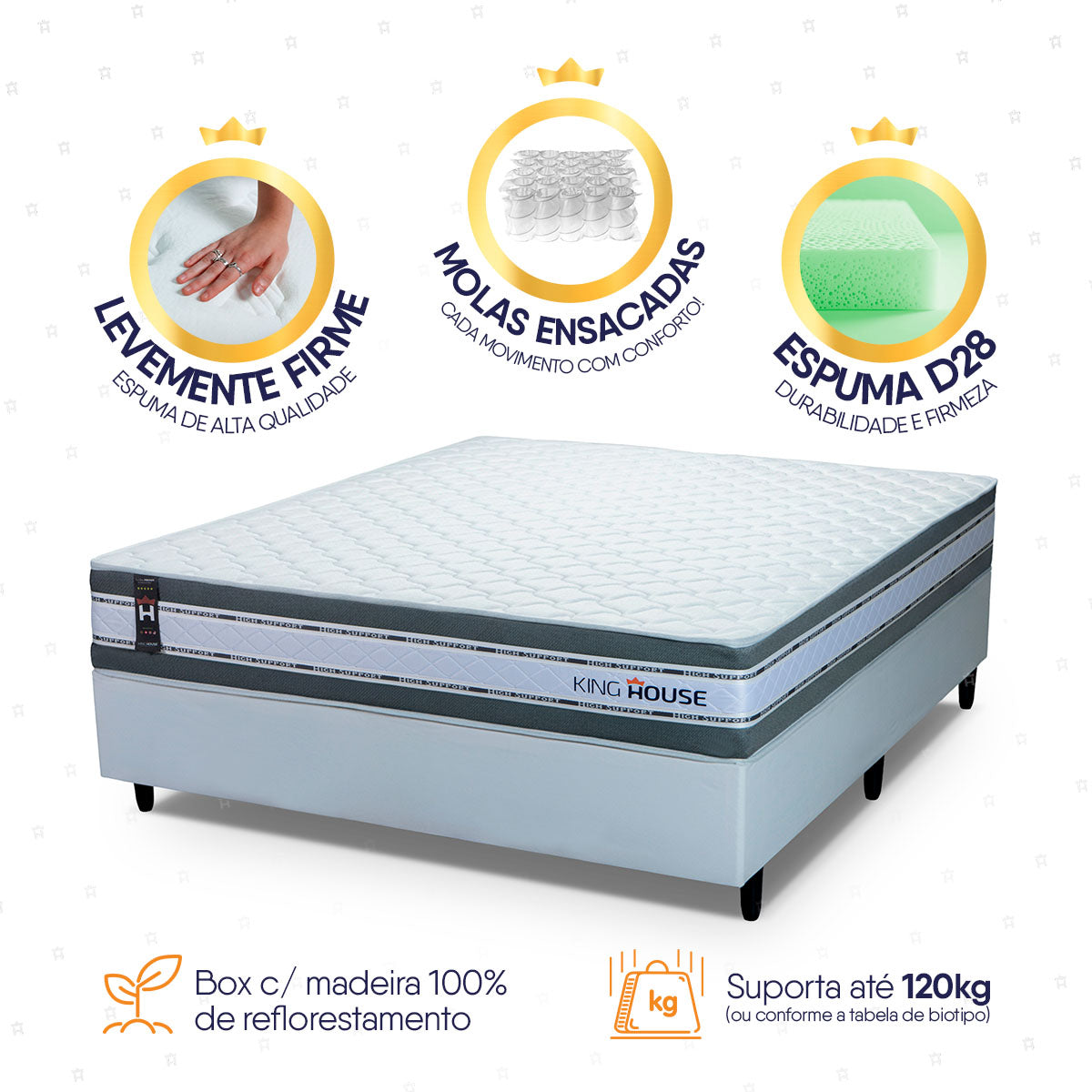 Cama Box Molas Ensacadas Alpine Casal 138x188 Branco Espuma D28 Suporta 120 Kg Por Pessoa