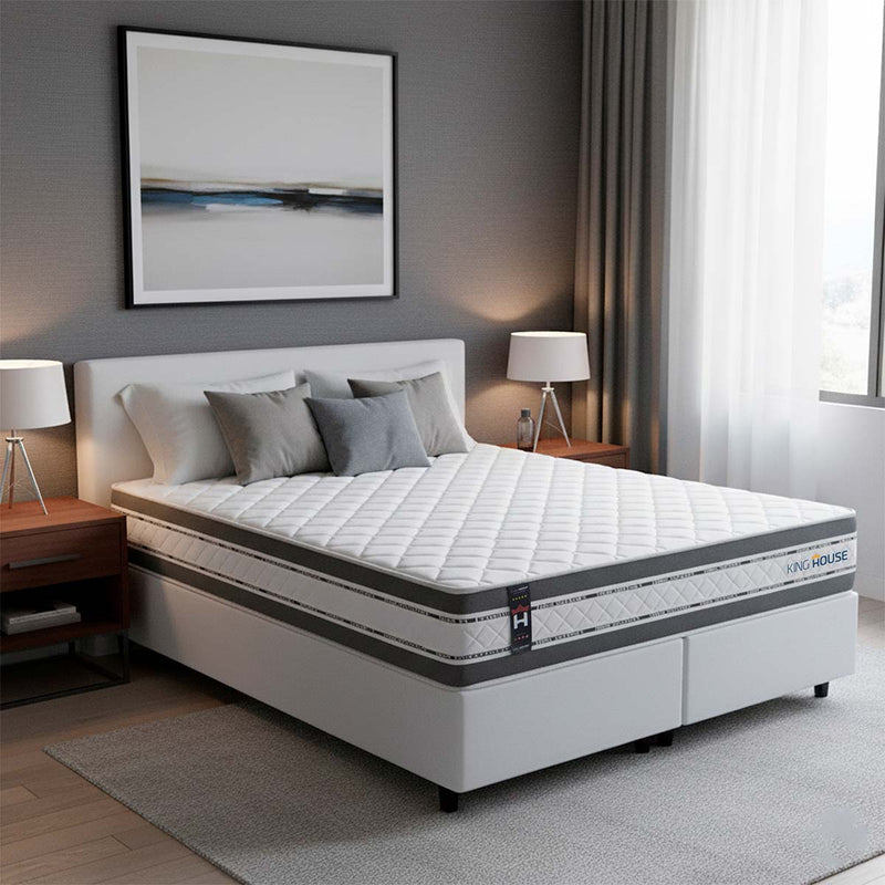 Cama Box Alpine Molas Ensacadas  193x203 Cinza e Branco Espuma D28 Suporta 120 kg