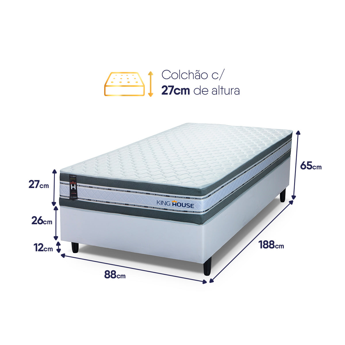 Cama Box Molas Ensacadas Alpine Solteiro 88x188 Branco Espuma D28 Suporta 120 Kg Por Pessoa