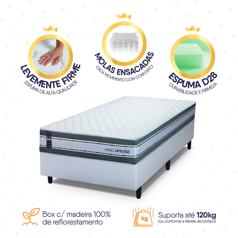 Cama Box Molas Ensacadas Alpine Solteirão 96x203 Branco Espuma D28 Suporta 120 Kg Por Pessoa