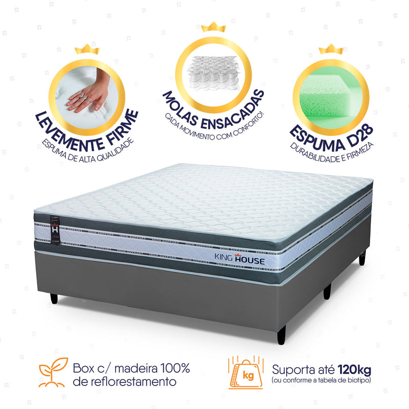 Cama Box Molas Ensacadas Alpine Casal 138x188 Cinza Espuma D28 Suporta 120 Kg Por Pessoa