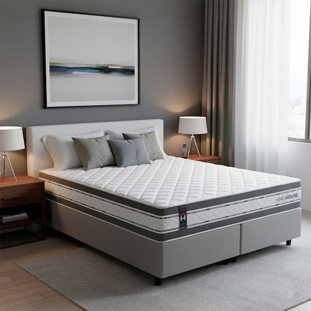 Cama Box Alpine Molas Ensacadas  193x203 Cinza Espuma D28 Suporta 120 kg