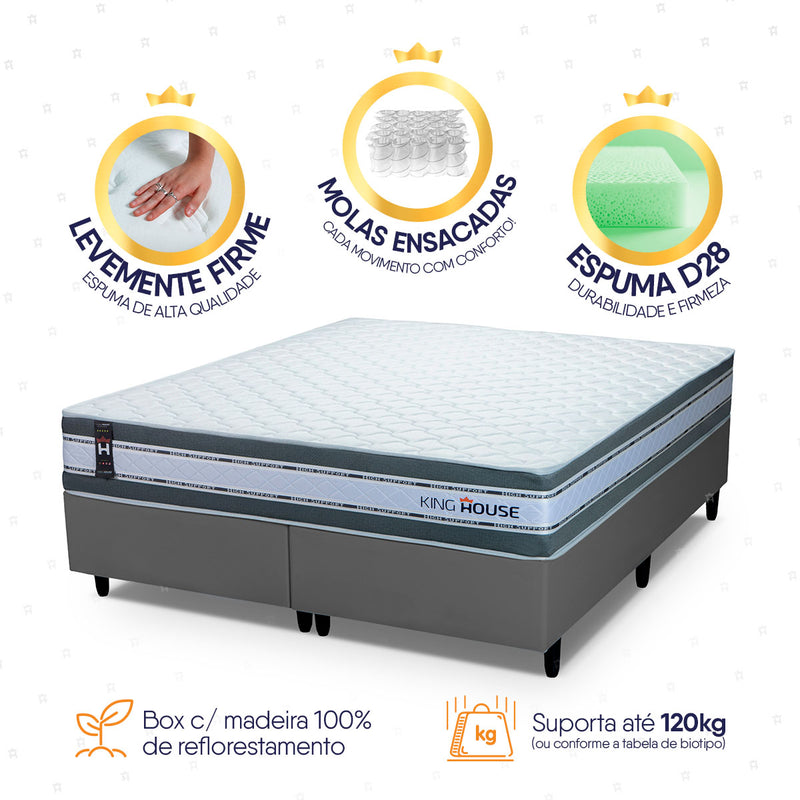 Cama Box Alpine Molas Ensacadas  193x203 Cinza Espuma D28 Suporta 120 kg
