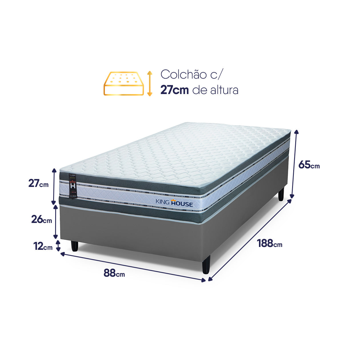 Cama Box Molas Ensacadas Alpine Solteiro 88x188 Cinza Espuma D28 Suporta 120 Kg Por Pessoa