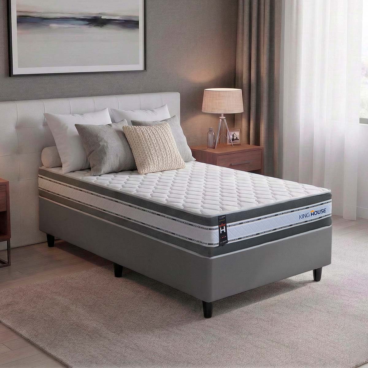 Cama Box Molas Ensacadas Alpine Solteirão 96x203 Cinza Espuma D28 Suporta 120 Kg Por Pessoa