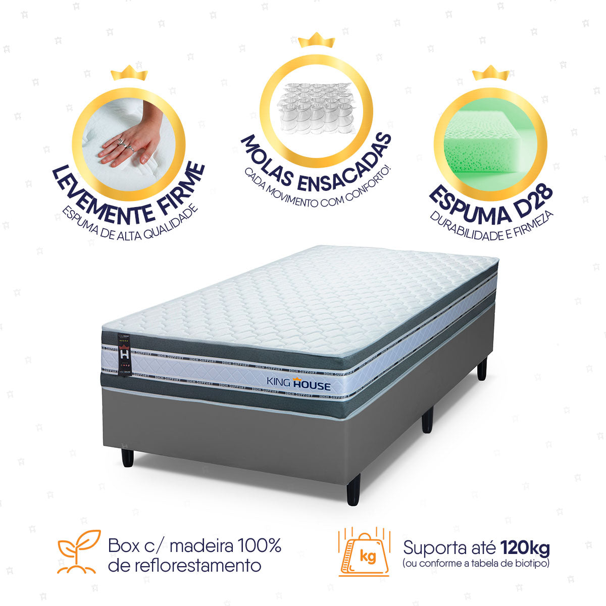 Cama Box Molas Ensacadas Alpine Solteirão 96x203 Cinza Espuma D28 Suporta 120 Kg Por Pessoa