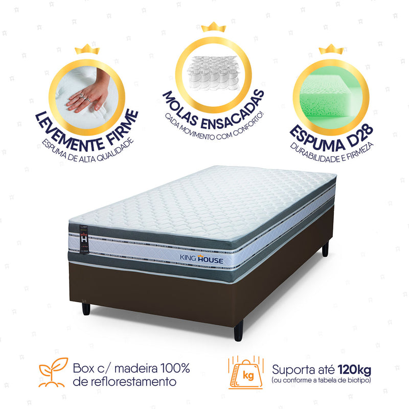Cama Box Molas Ensacadas Alpine Solteiro 88x188 Marrom Espuma D28 Suporta 120 Kg Por Pessoa