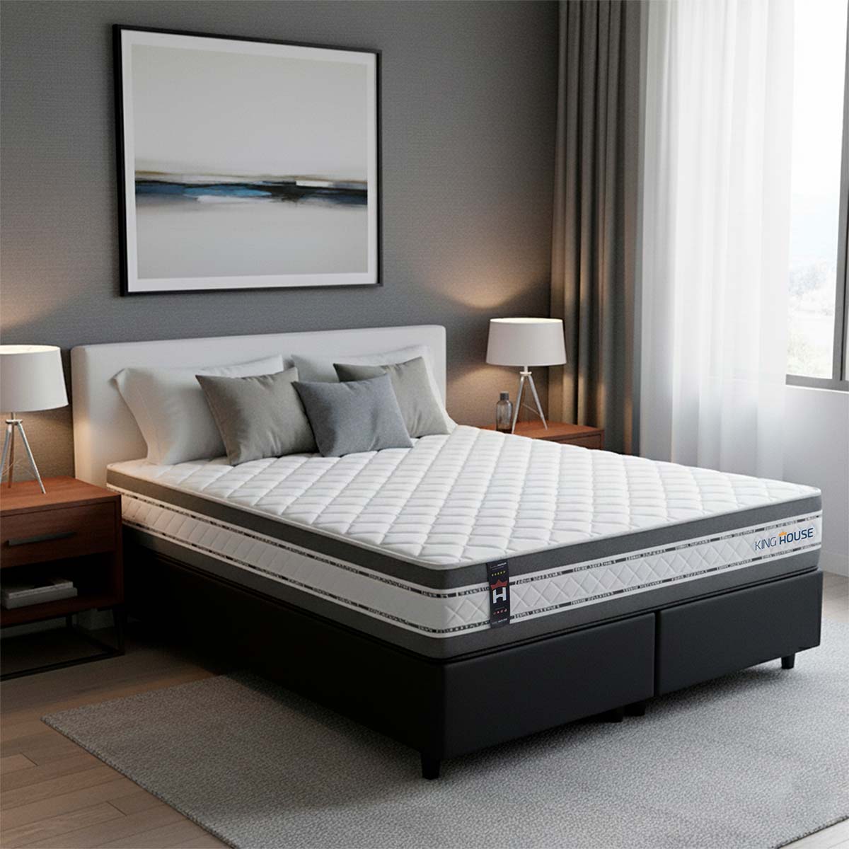 Cama Box Alpine Molas Ensacadas Queen 158x198 Cinza e Preto Espuma D28 Suporta 120 kg