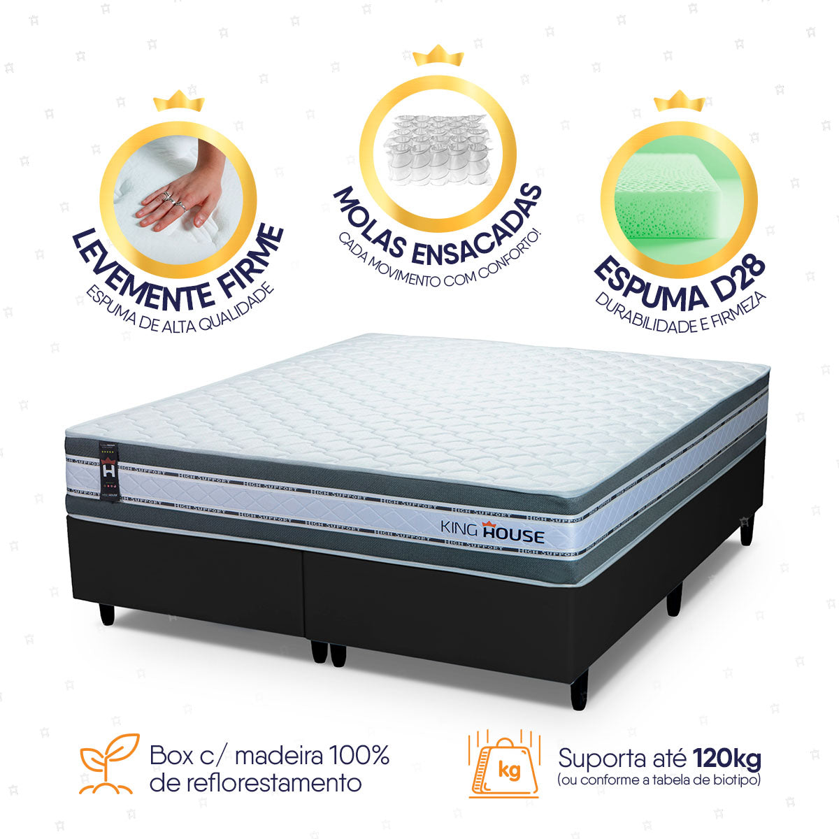 Cama Box Alpine Molas Ensacadas  193x203 Cinza e Preto Espuma D28 Suporta 120 kg