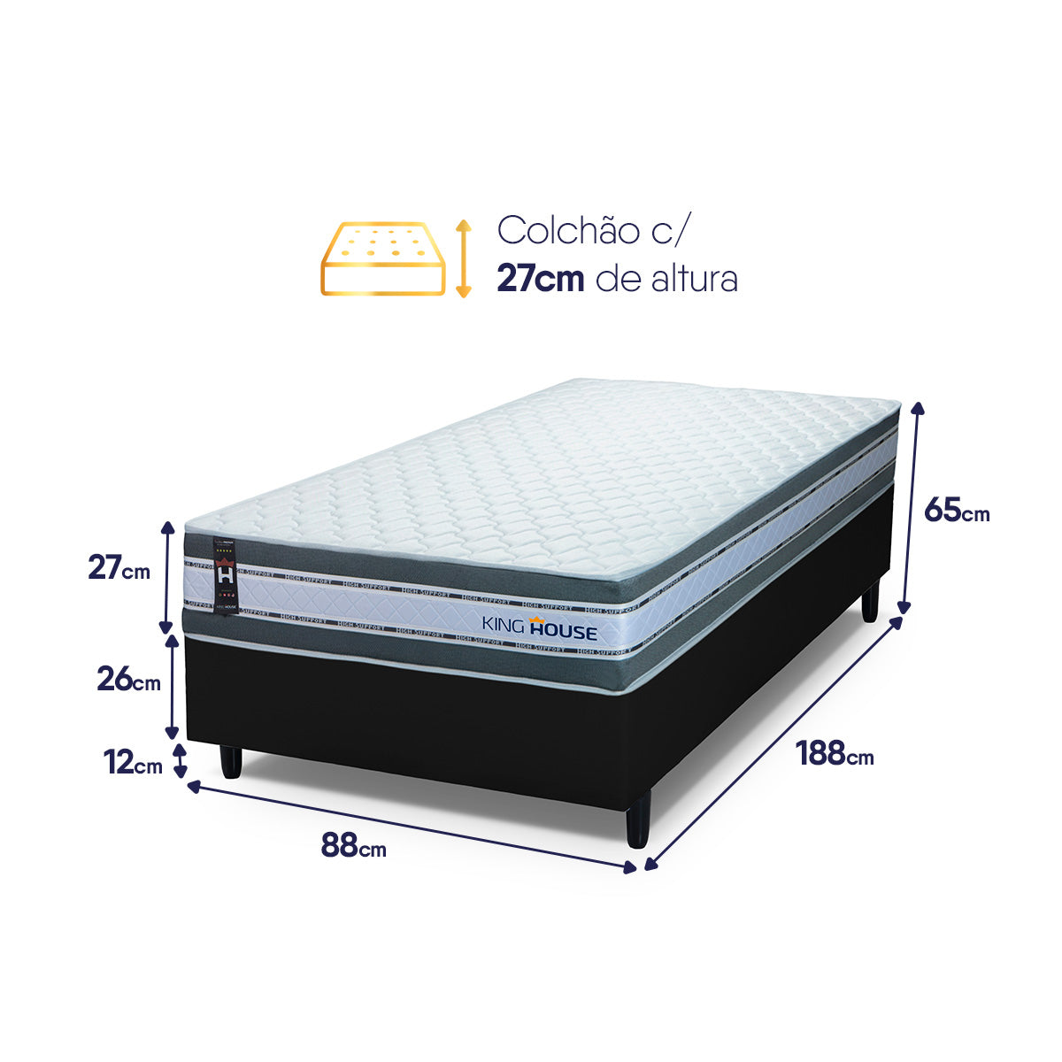 Cama Box Molas Ensacadas Alpine Solteiro 88x188 Preto Espuma D28 Suporta 120 Kg Por Pessoa