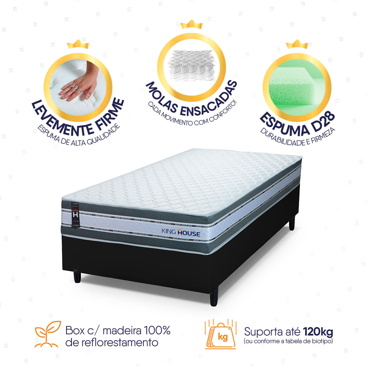 Cama Box Molas Ensacadas Alpine Solteiro 88x188 Preto Espuma D28 Suporta 120 Kg Por Pessoa
