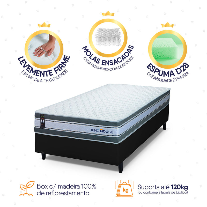 Cama Box Molas Ensacadas Alpine Solteiro 88x188 Preto Espuma D28 Suporta 120 Kg Por Pessoa