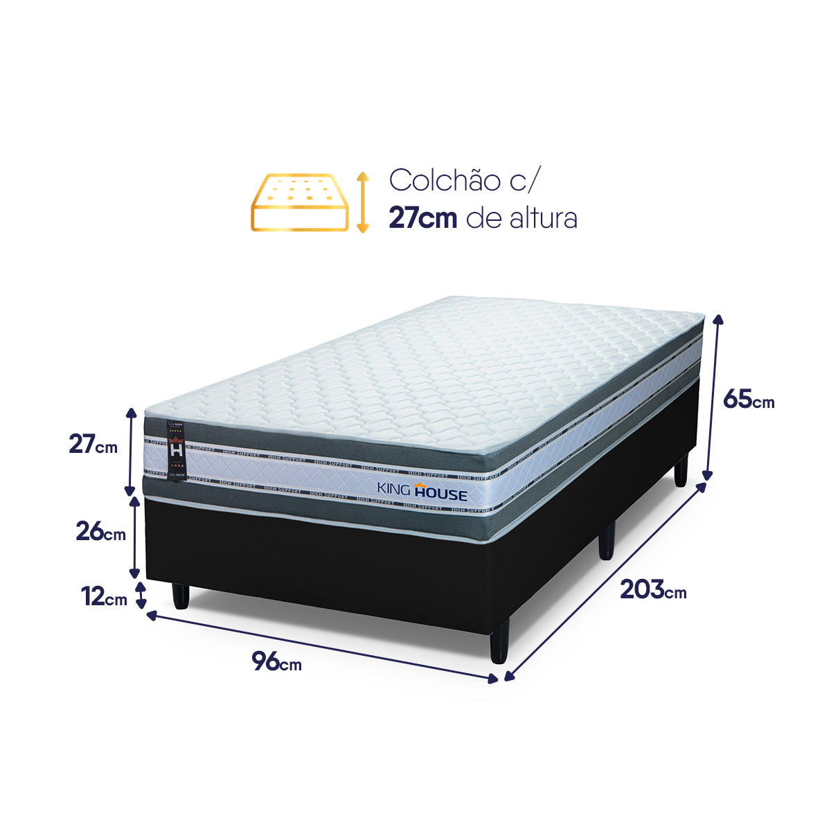 Cama Box Molas Ensacadas Alpine Solteirão 96x203 Preto Espuma D28 Suporta 120 Kg Por Pessoa