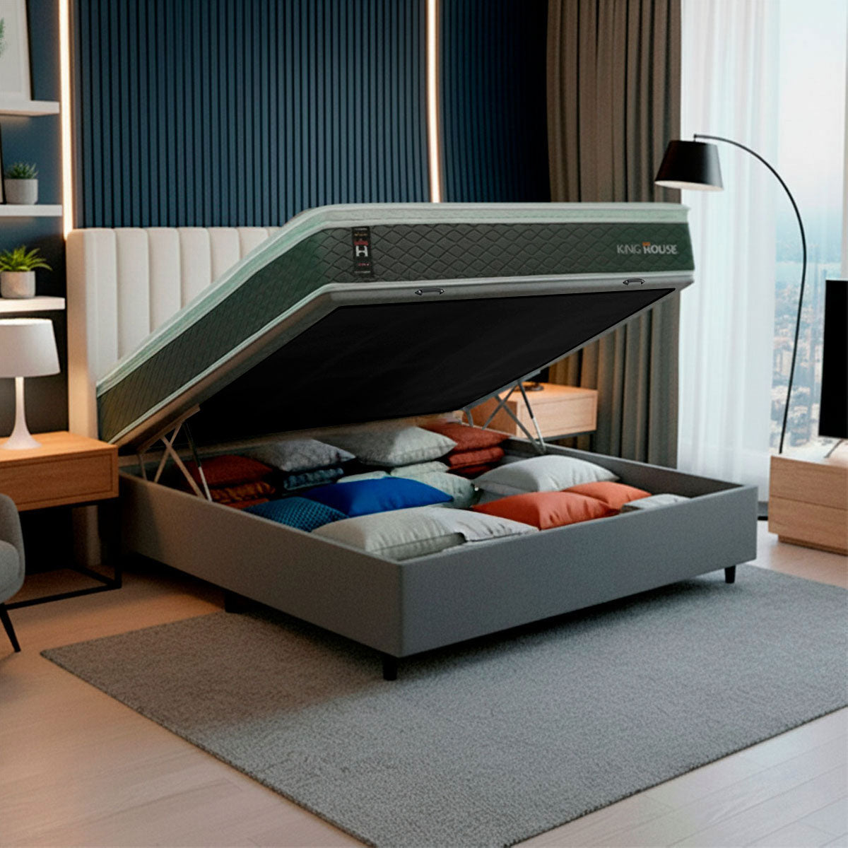 Cama Box Baú Argel Espuma D33 Casal 138x188 Cinza King House