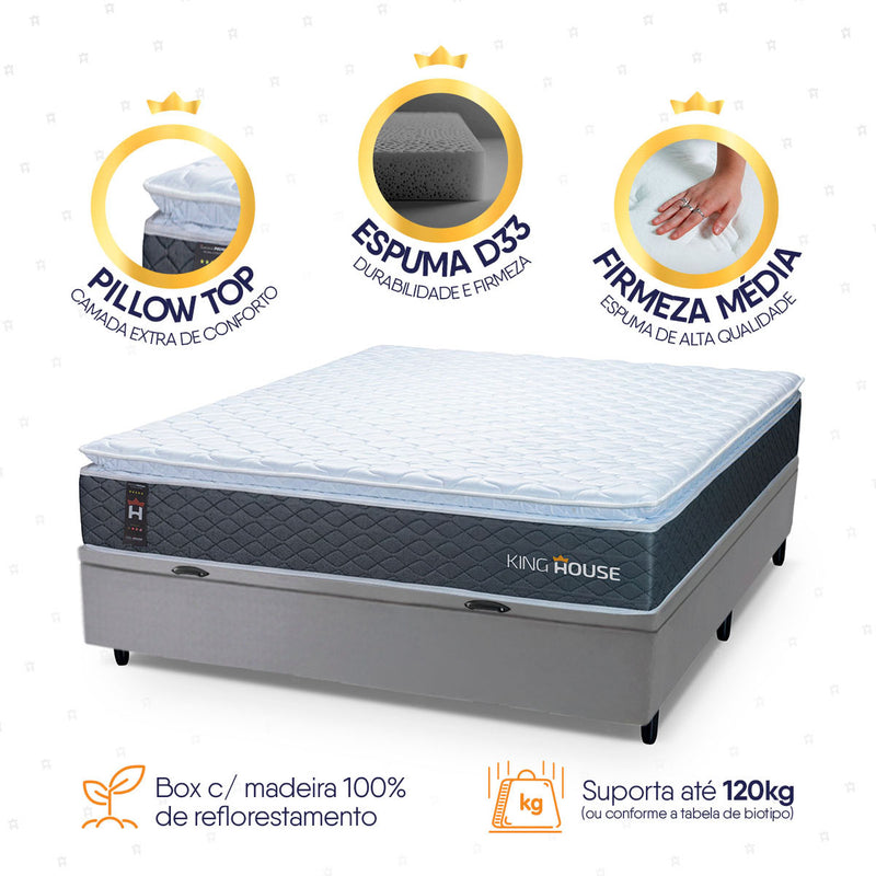 Cama Box Baú Argel Espuma D33 Casal 138x188 Cinza King House