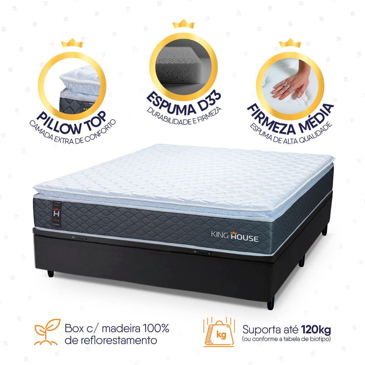 Cama Box Baú Argel Espuma D33 Casal 138x188 Preto King House