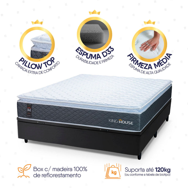Cama Box Baú Argel Espuma D33 Casal 138x188 Preto King House