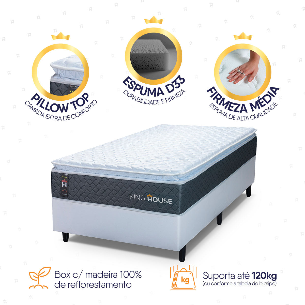 Cama Box Argel Espuma D33 Solteirão 96x203 Branco King House