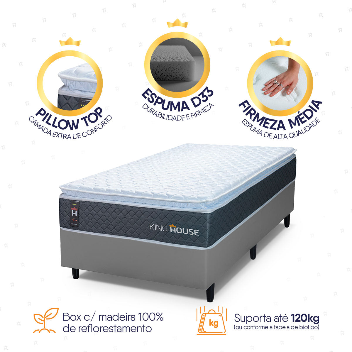 Cama Box Argel Espuma D33 Solteirão 96x203 Cinza King House