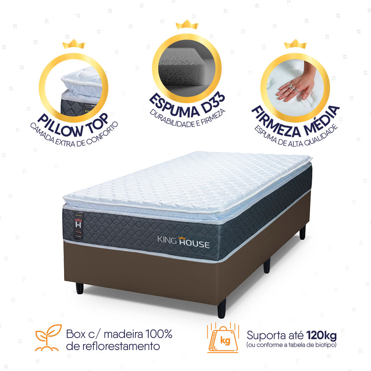 Cama Box Argel Espuma D33 Solteirão 96x203 Marrom King House