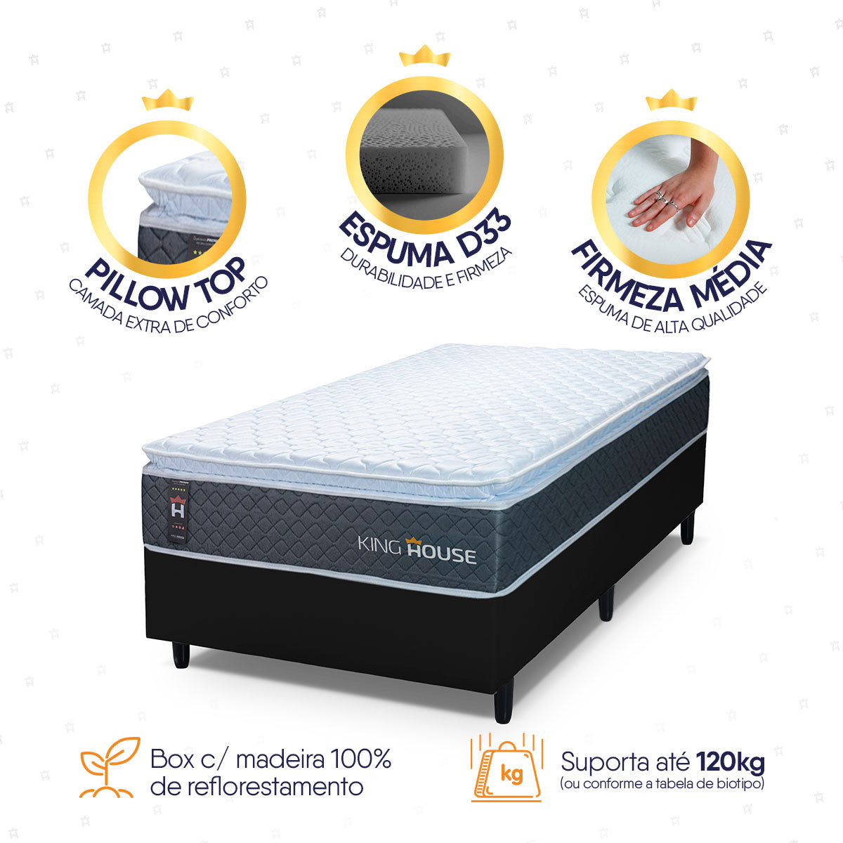 Cama Box Argel Espuma D33 Solteirão 96x203 Preto King House