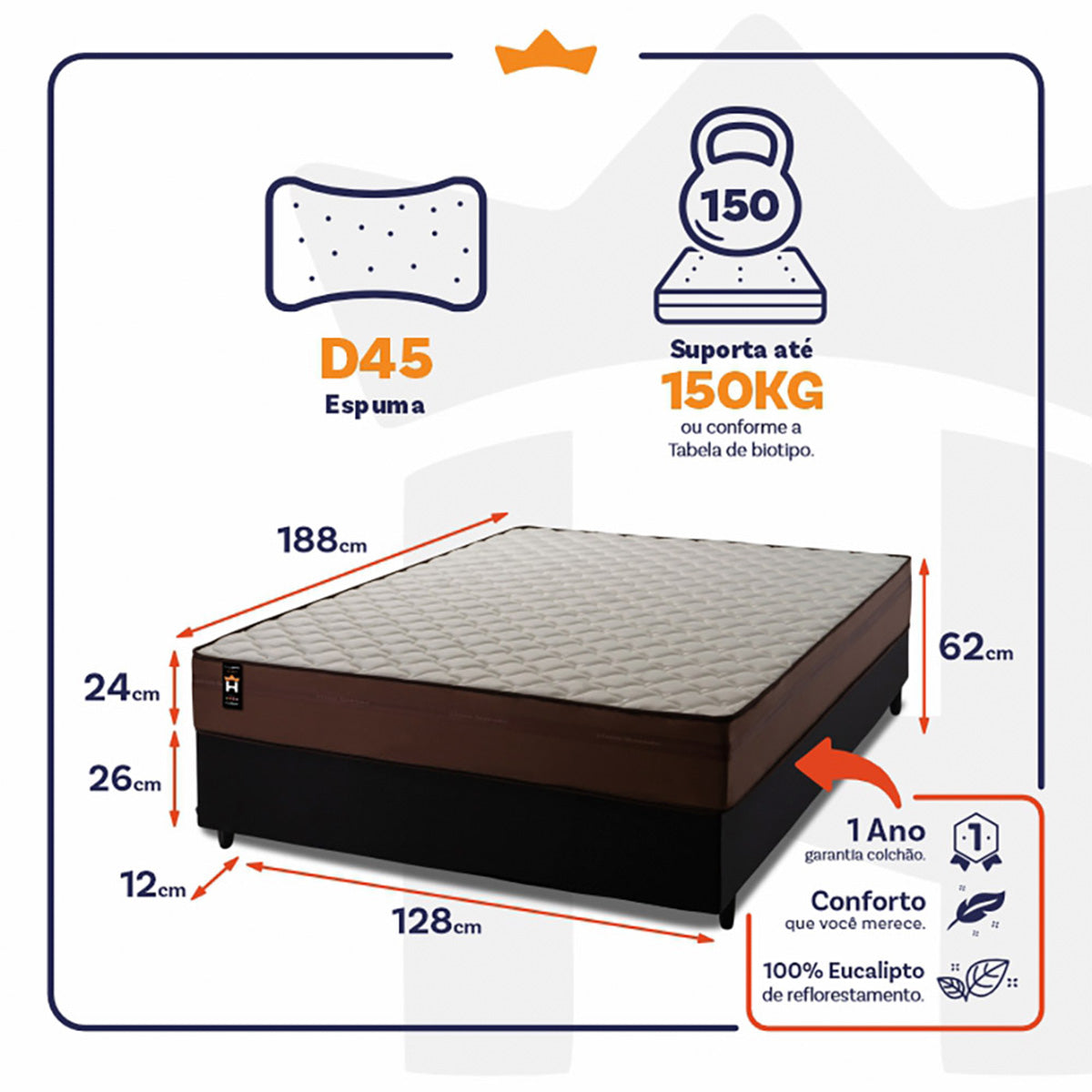 Cama Box Espuma Atlanta Viúva 128x188 Preto King House