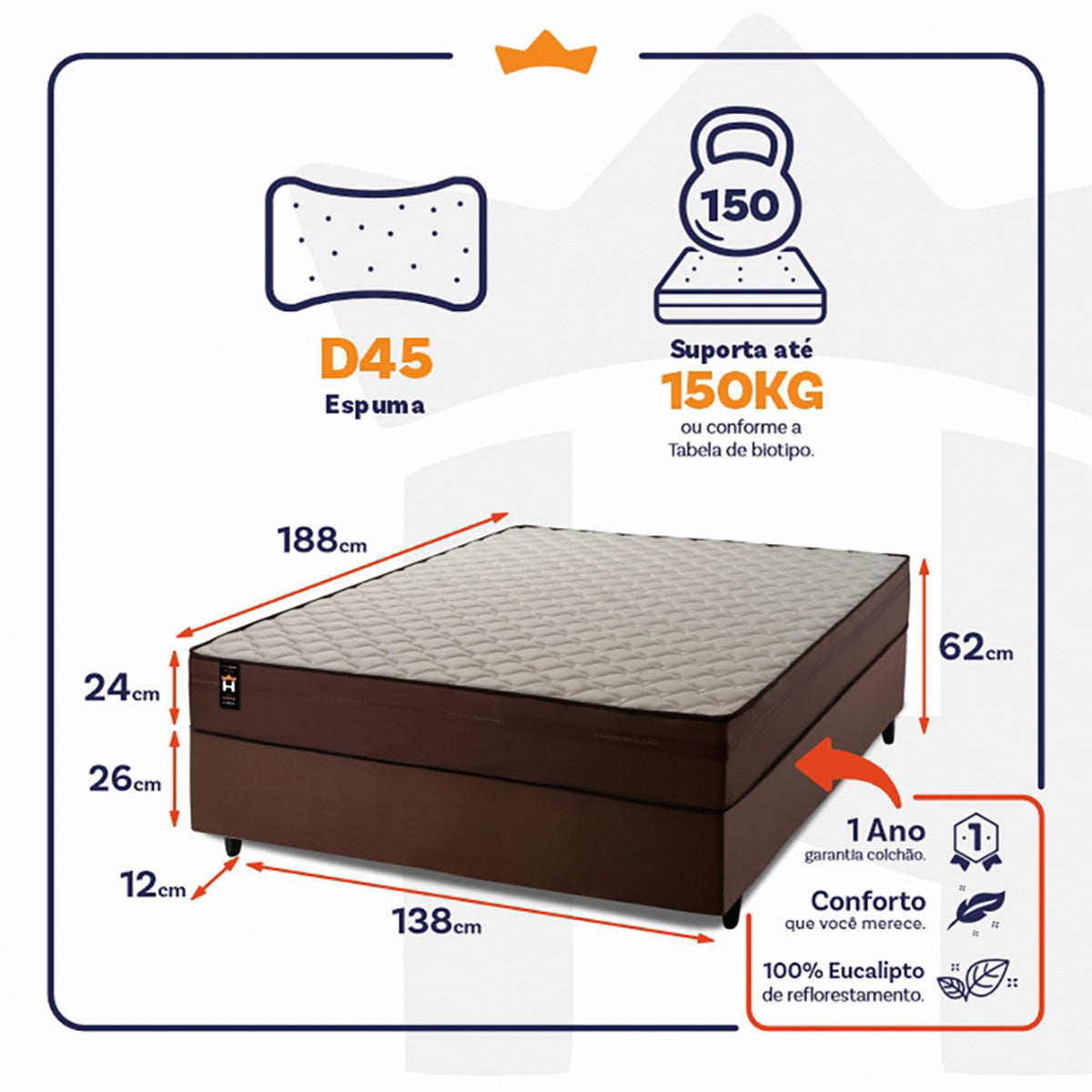 Cama Box Espuma Atlanta Casal 138x188 Marrom King House