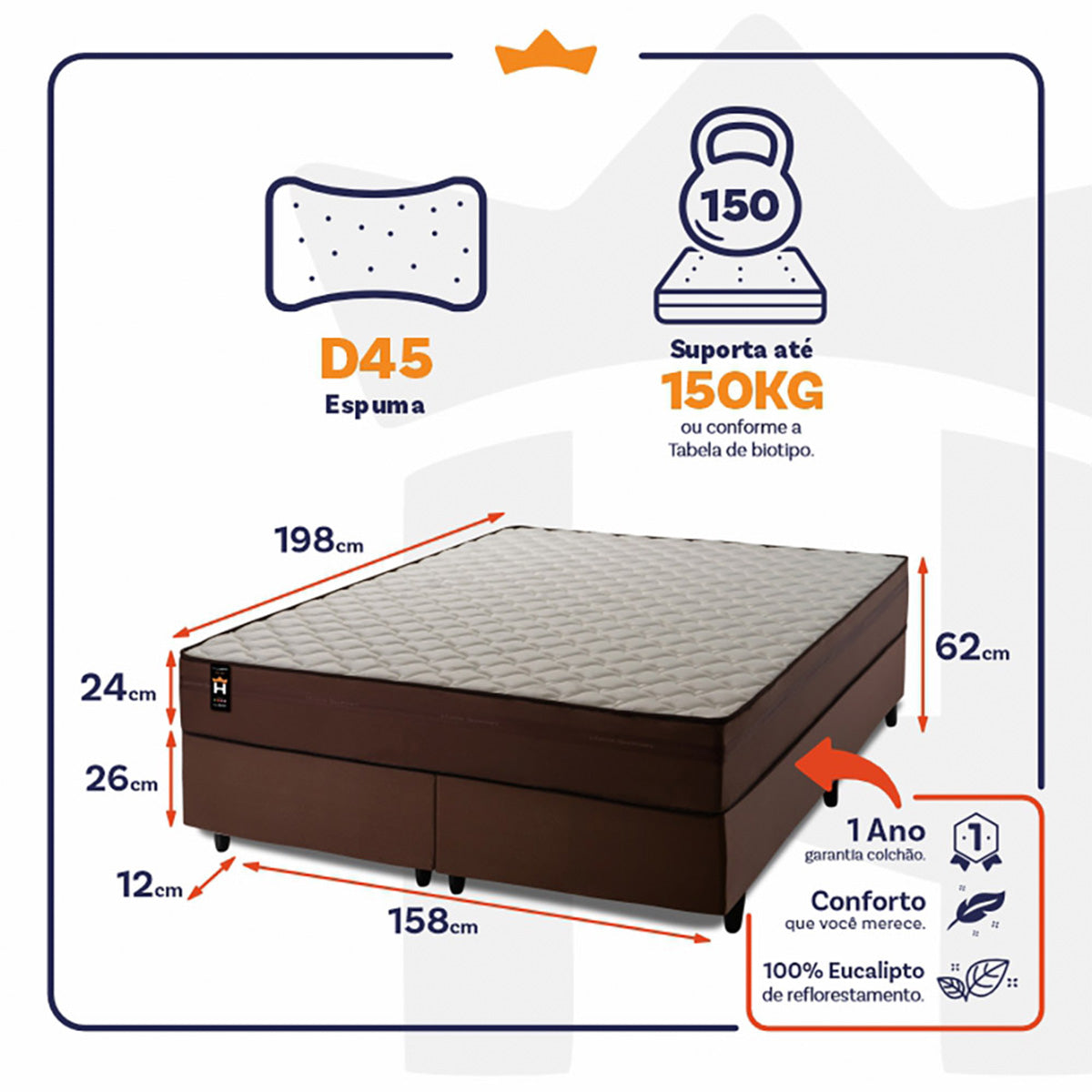 Cama Box Atlanta Espuma Queen 158x198 Marrom King House