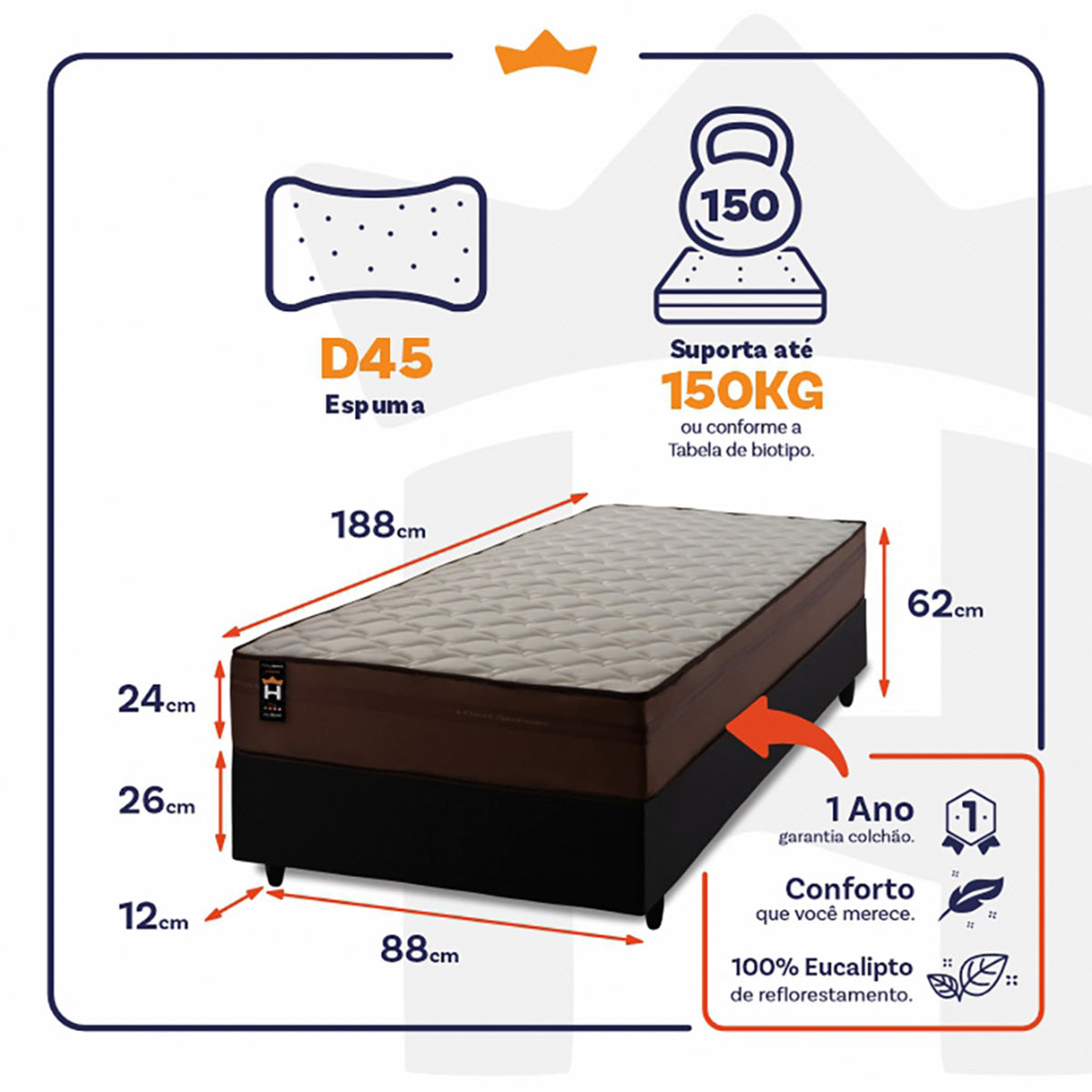 Cama Box Espuma Atlanta Solteiro 88x188 Marrom King House