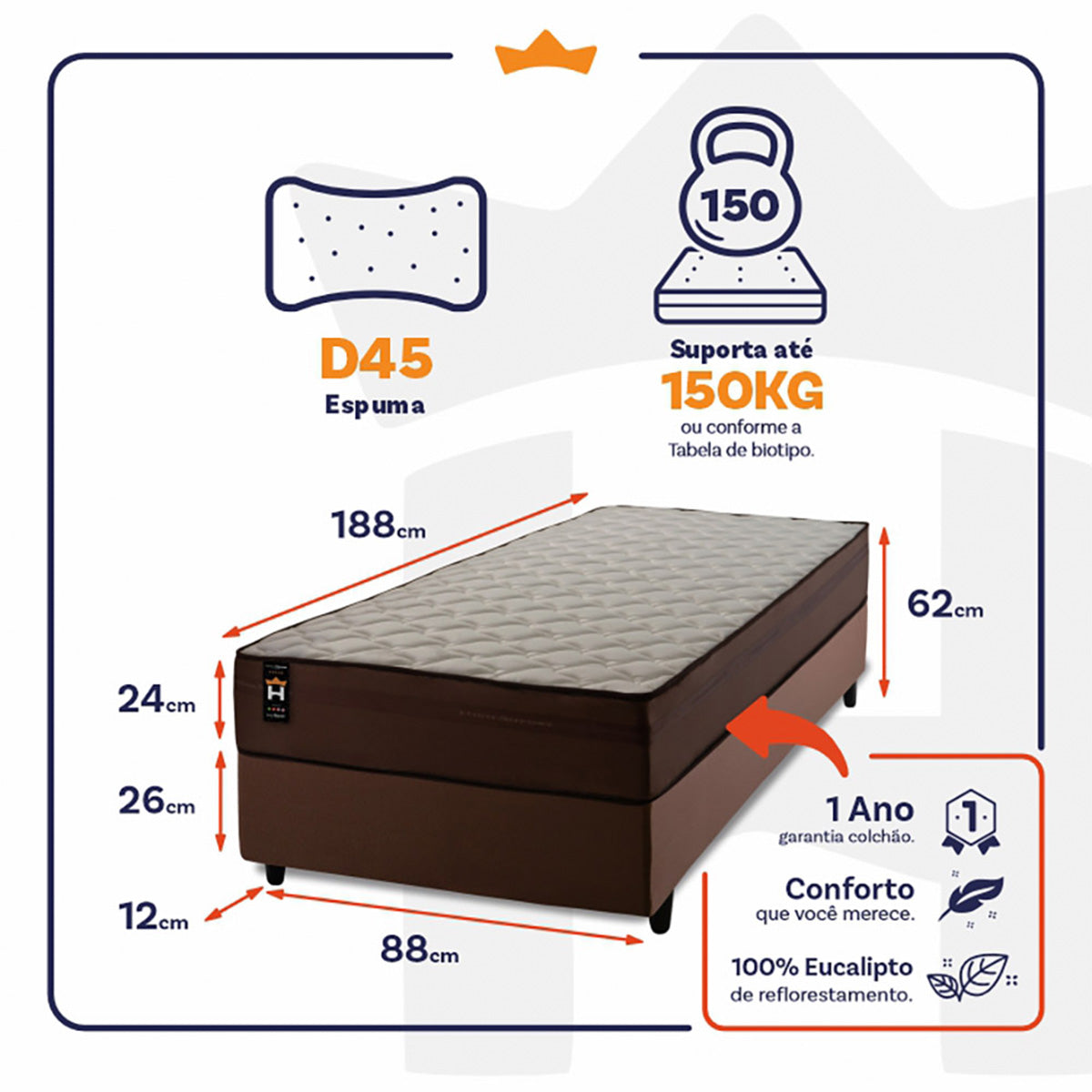 Cama Box Espuma Atlanta Solteiro 88x188 Marrom King House