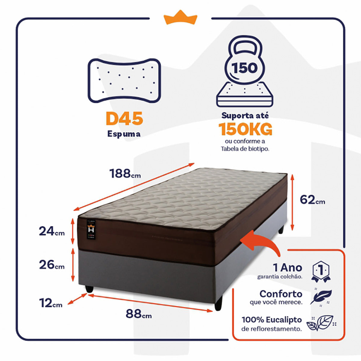Cama Box Espuma Atlanta Solteiro 88x188 Cinza King House