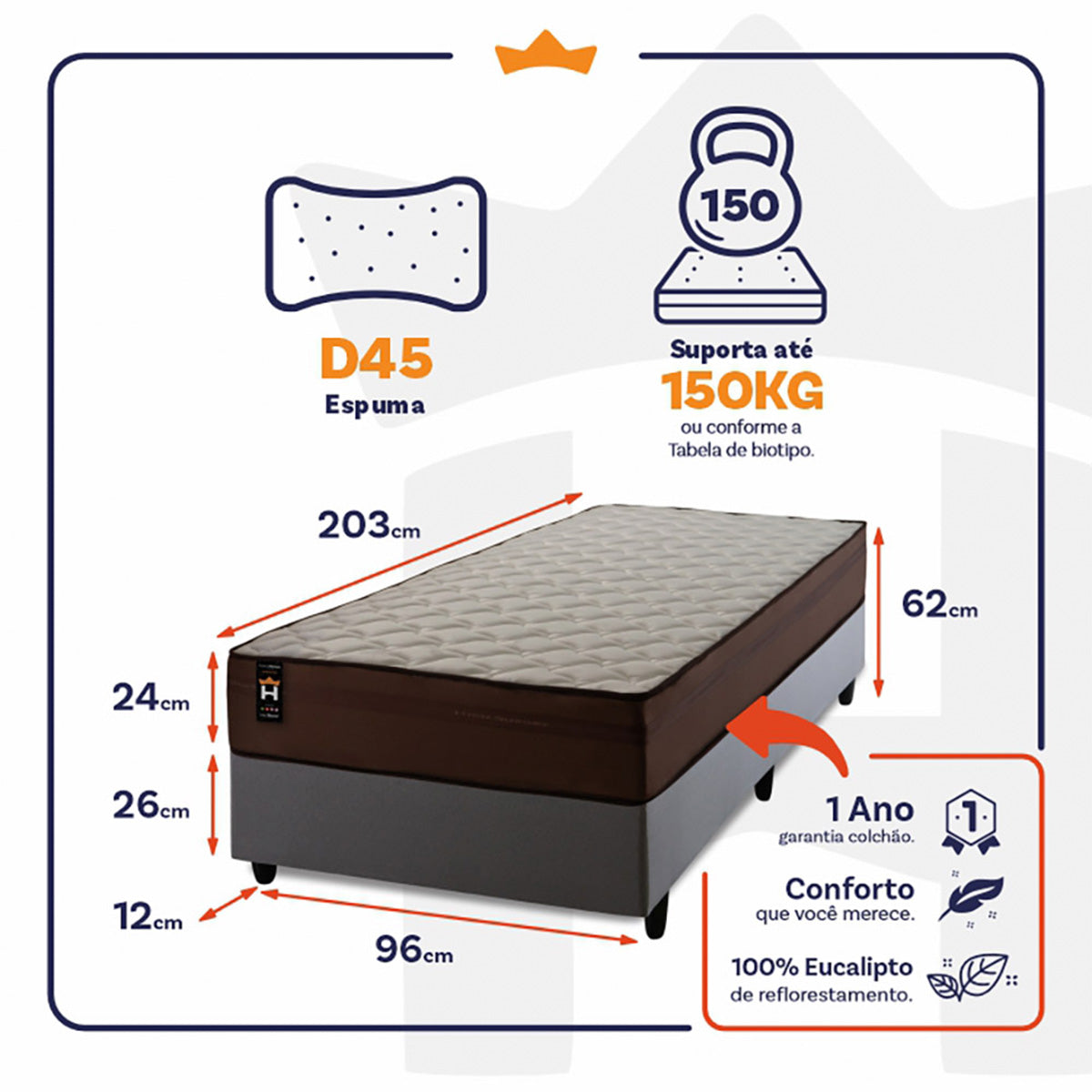 Cama Box Espuma Atlanta Solteirão 96x203 Cinza King House