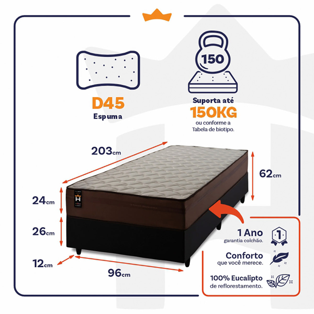 Cama Box Espuma Atlanta Solteirão 96x203 Preto King House