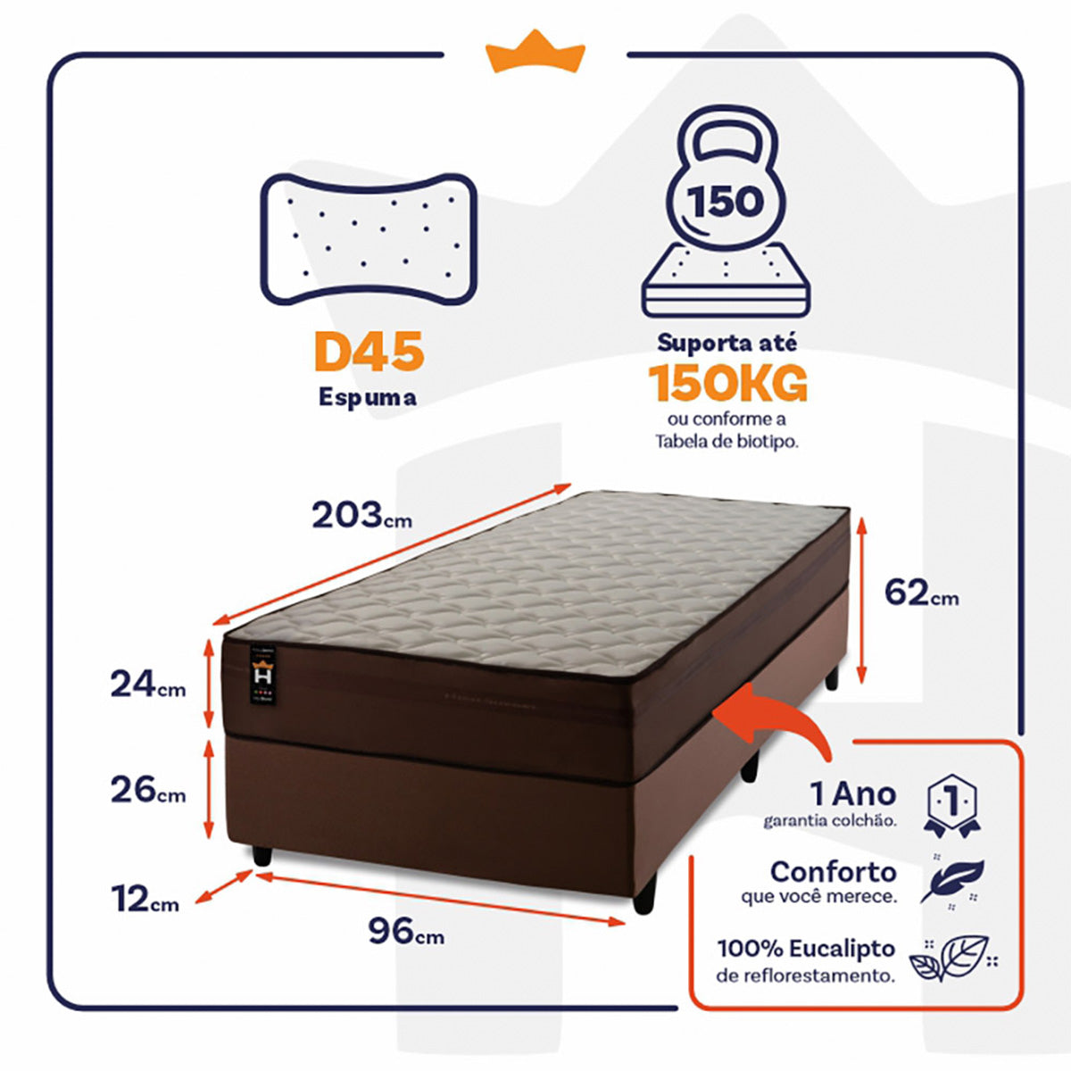 Cama Box Espuma Atlanta Solteirão 96x203 Marrom King House