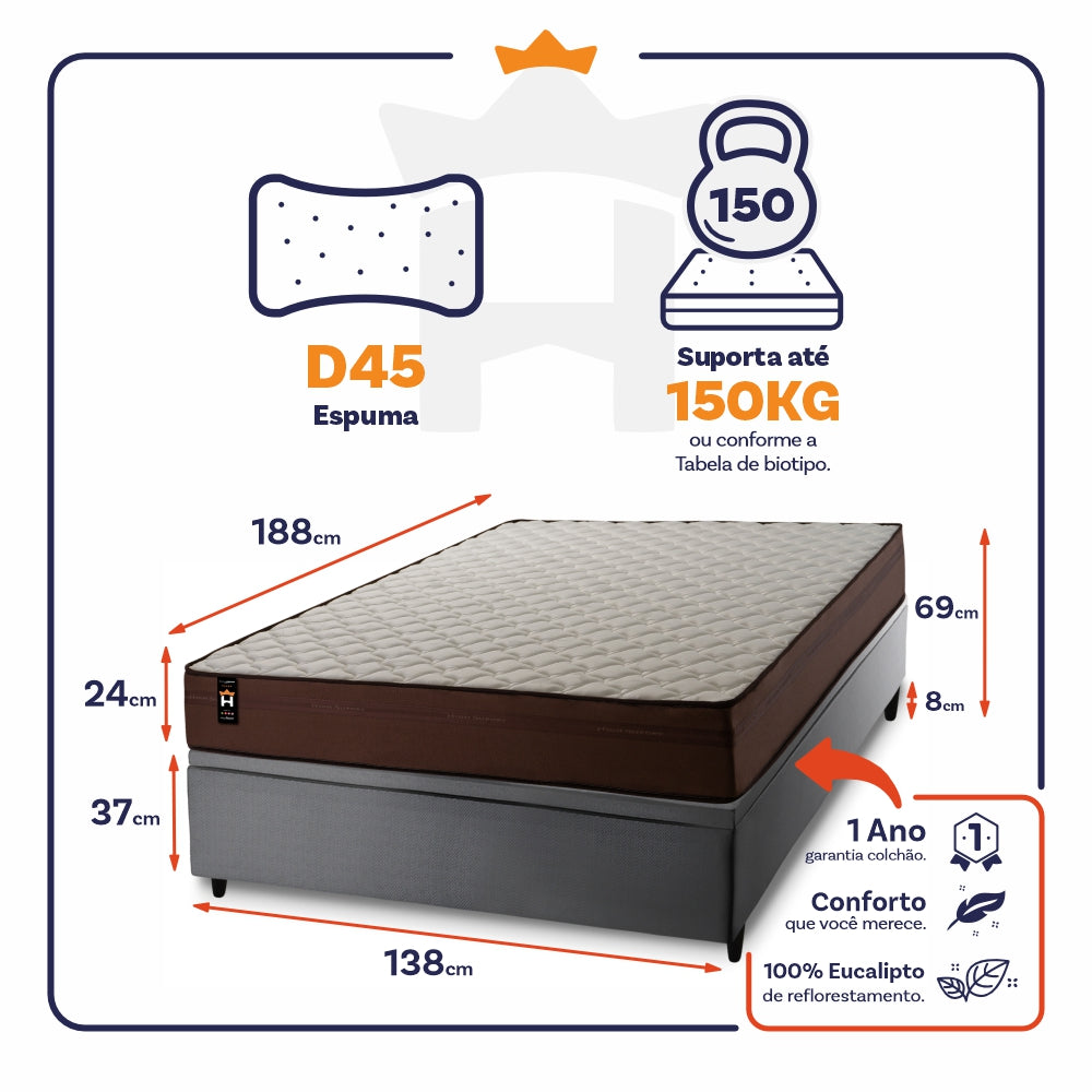 Cama Box Baú Atlanta 138x188 Cinza Espuma D45 King House