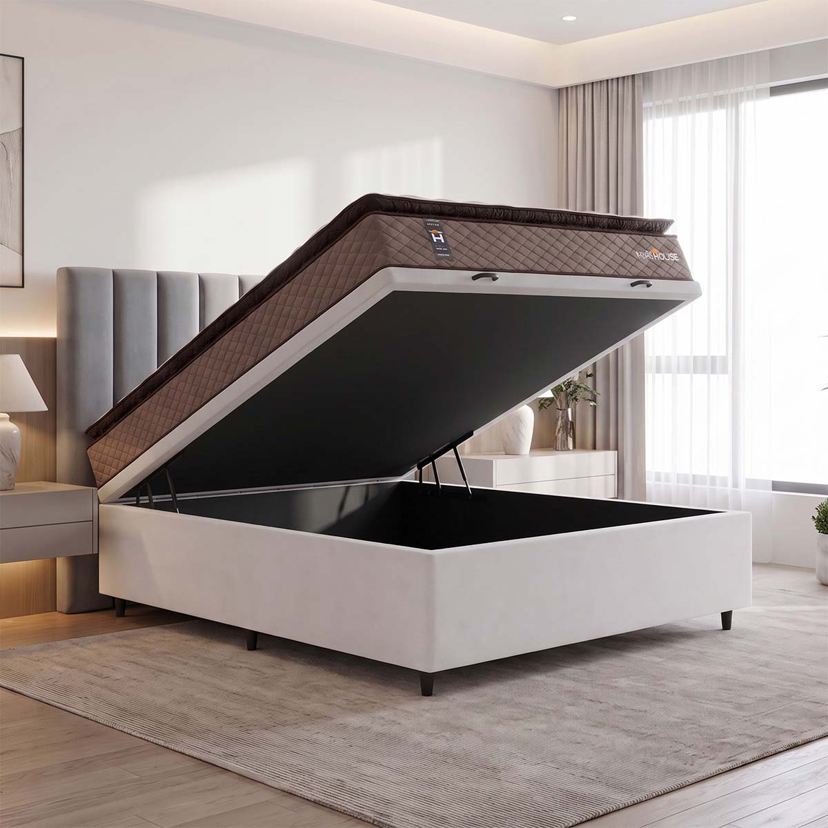 Cama Box Baú Atlanta Casal 138x188 Bege e Branco Espuma D45 Ortopédico