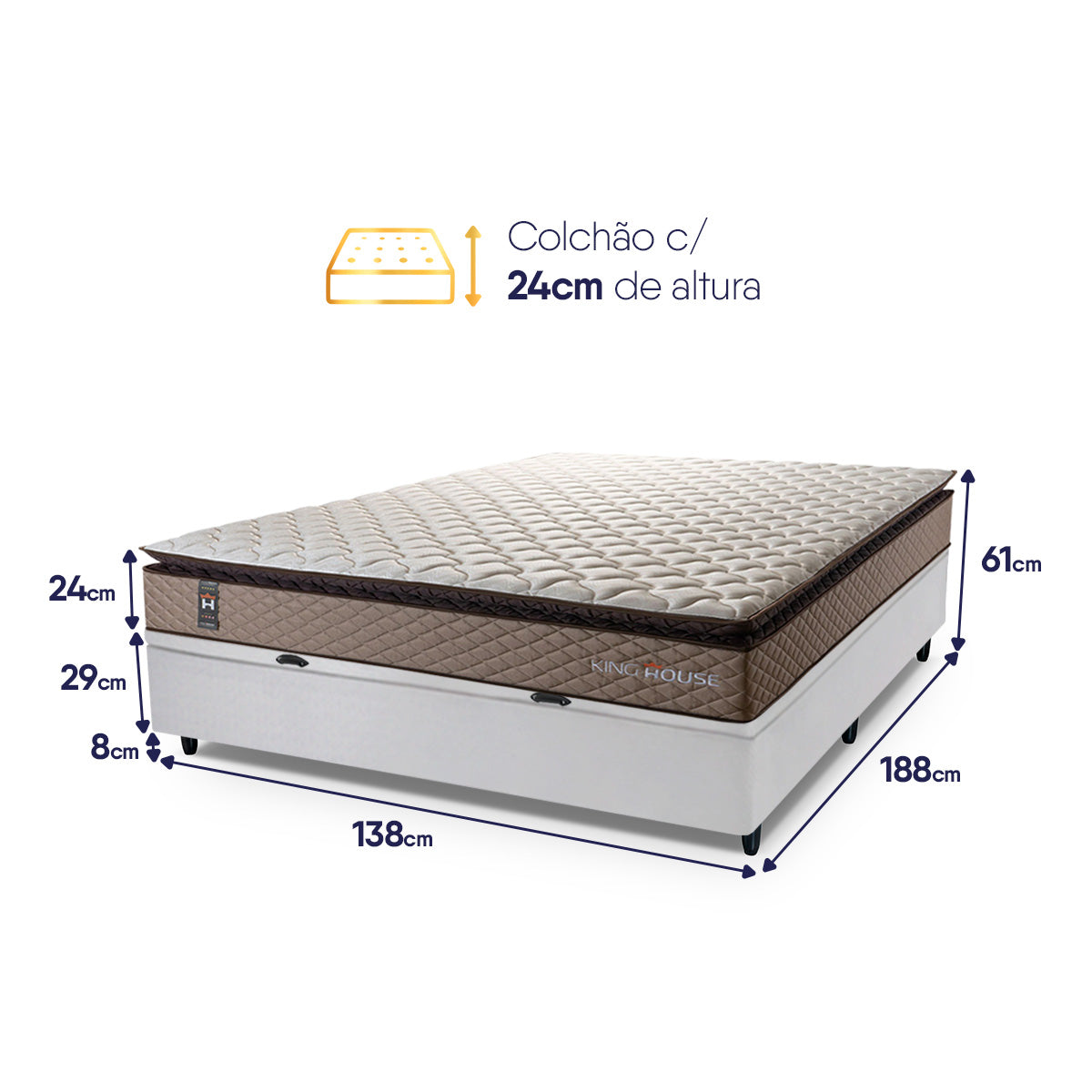Cama Box Baú Atlanta Casal 138x188 Bege e Branco Espuma D45 Ortopédico