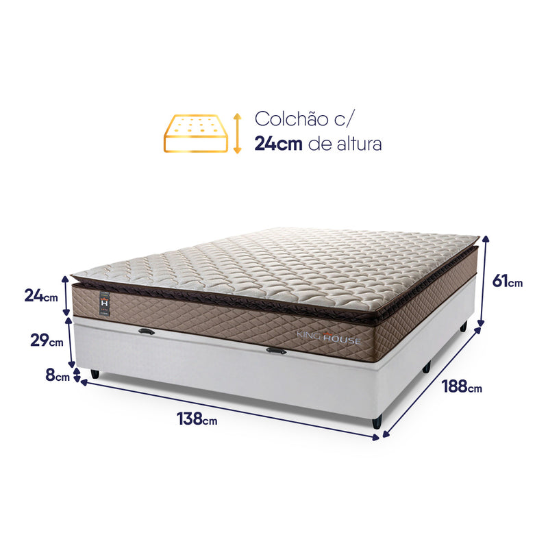 Cama Box Baú Atlanta Casal 138x188 Bege e Branco Espuma D45 Ortopédico