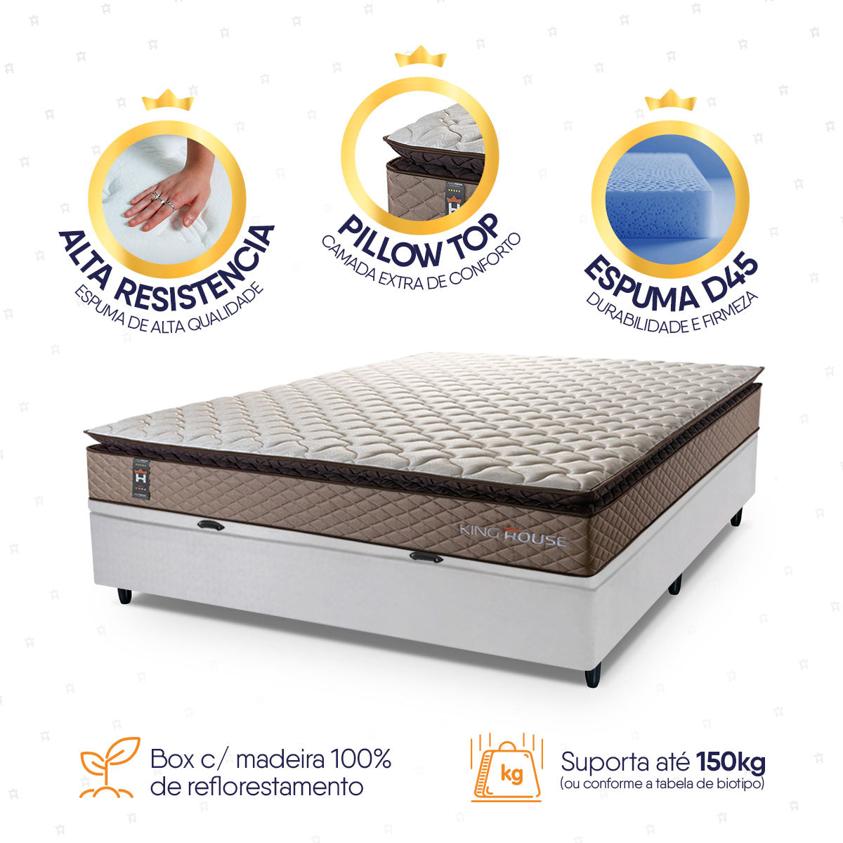 Cama Box Baú Atlanta Casal 138x188 Bege e Branco Espuma D45 Ortopédico